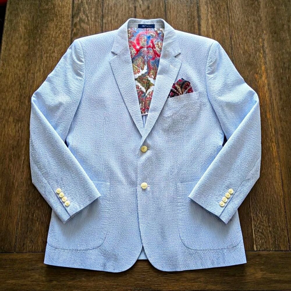 Alan Flusser Seersucker Sport Coat Blazer Men's Large Blue Stripe Paisley Cotton